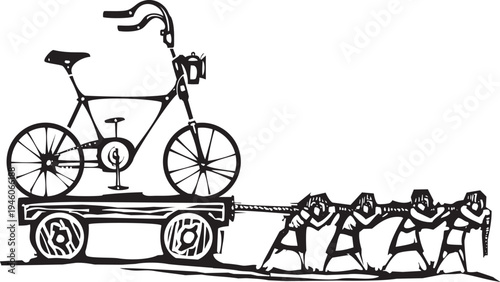 Woodcut style image of people dragging a vintage bicycle on a cart