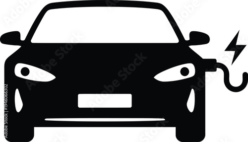 Front view black silhouette of a modern electric vehicle charging at an EV station with a power bolt symbol for sustainable energy and smart city transportation in AI circuit silhouette style AI Gener