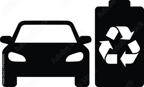 Minimalist black silhouette of a car front and a battery with a recycle icon for electric vehicle sustainability and green energy technology featuring AI circuit silhouette style design AI Generative
