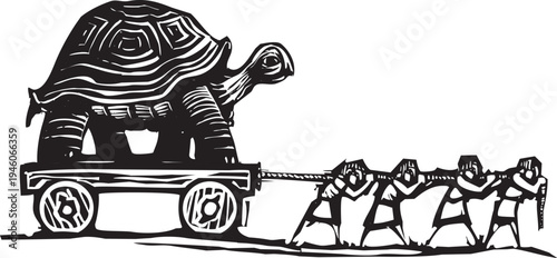 Woodcut style image of people dragging a giant turtle on a cart