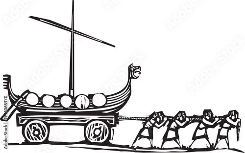 Woodcut style image of vikings dragging their longboat across land.