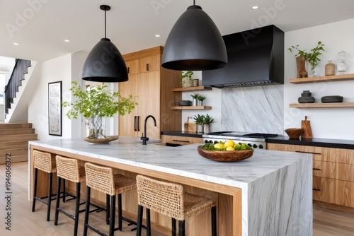Kitchen island with marble countertop and modern interior design