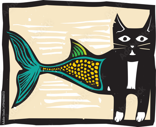 Woodcut style image of a catfish using the body of a cat and a fish.