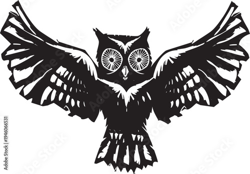 Woodcut expressionist style owl in flight