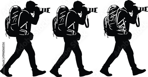 Silhouette of a male photographer walking with a large backpack and professional camera taking photos during an outdoor travel adventure
