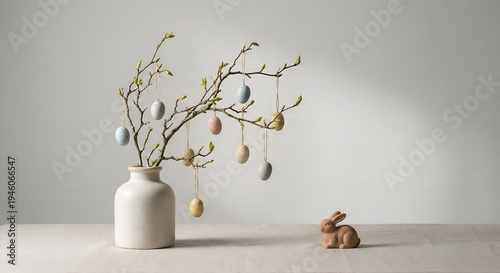 Decorative Easter egg tree branches with hanging pastel eggs spring home decor