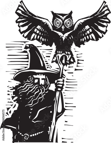 Woodcut style image of Merlin or any wizard with an owl on his staff