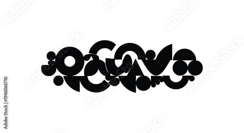 Abstract black design featuring circular and flowing shapes on a white background