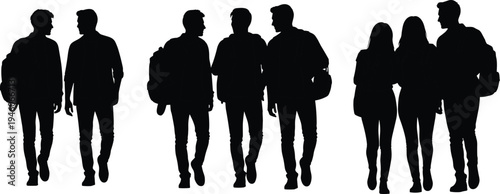 Silhouette of university students walking with backpacks cad drawing flat vector illustration of young people group talking on college campus