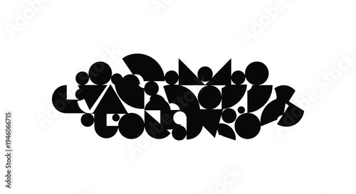 Abstract composition of black shapes on a stark white background