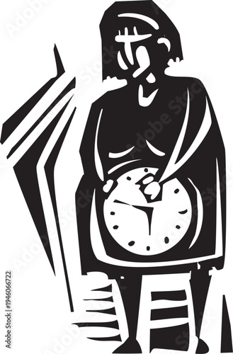 Woodcut expressionist image of a pregnant woman with a biological clock