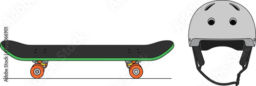 Skateboard and safety helmet cad drawing flat vector illustration of extreme sports equipment for outdoor recreation hobby and active lifestyle