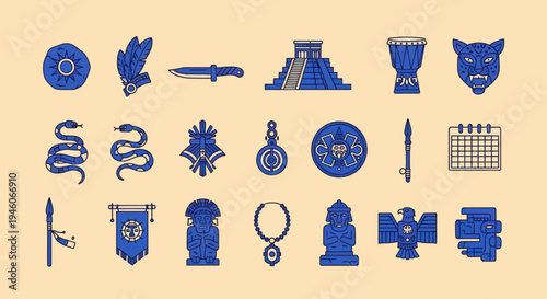 Aztec Civilization Icons: Jaguar, Pyramid, Feather, Snake, Calendar, Symbols