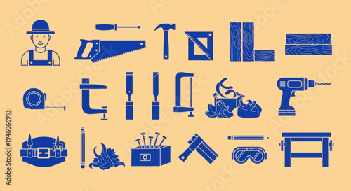 Carpentry Tools and Woodworking Icons Set