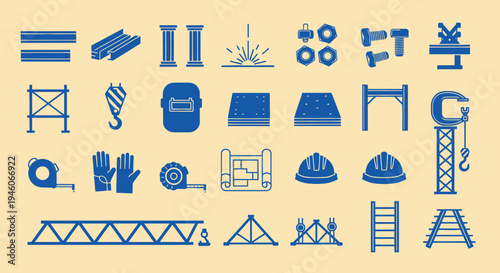 Construction and Industry Icons Set: Blue Symbols on Beige Background