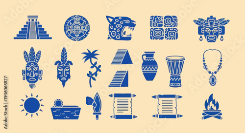 Ancient Mayan Icons Collection: Pyramids, Masks, Jaguar, Sun, Calendar, Artifacts