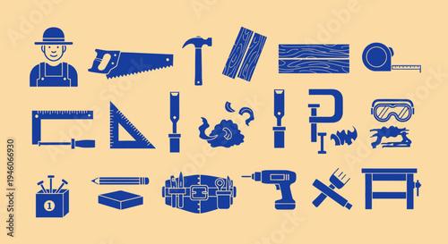Carpenter's Tools and Materials Set - Woodworking Icons Collection