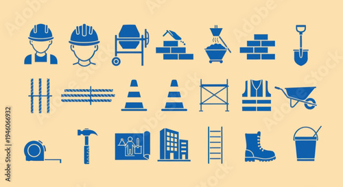 Construction Icons Set: Tools, Equipment, Safety Gear, and Building Elements