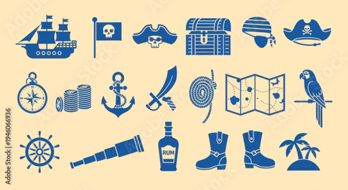 Pirate Icons Set: Ship, Treasure Chest, Map, Compass, Parrot, Rum, Sword, Anchor