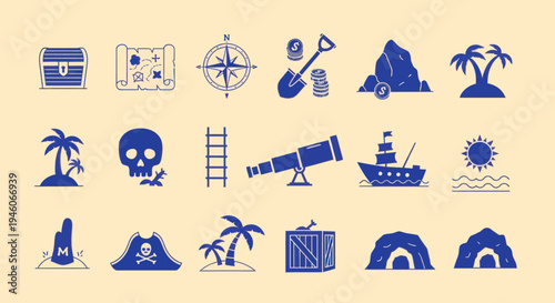 Pirate Travel Icons: Treasure Map, Ship, Skull, Chest, Compass, Telescope, Island