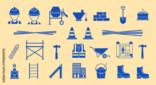 Construction Icons Set: Tools, Workers, and Equipment on Beige Background