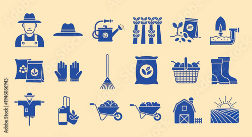 Farming Icons Set: Farmer, Tools, Crops, Barn, Scarecrow, Wheelbarrow, Boots