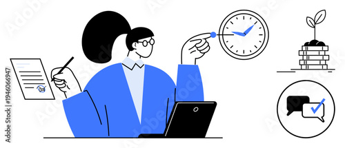 Woman at laptop holding pen and document, pointing at clock. Includes plant sprout on coins, checklist bubble. Ideal for productivity, time management, financial growth, planning, multitasking