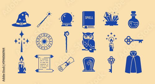 Mystical Magic Icons: Witchcraft, Sorcery, and Alchemy Symbols on Beige Background