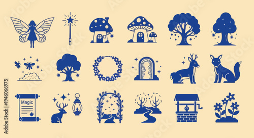 Enchanted Forest Icons: Fairy, Mushroom Houses, Deer, Trees, Magic Elements