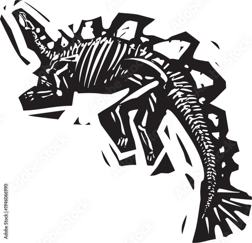 Woodcut style image of a Stegosaurus Fossil