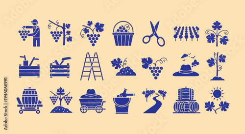 Grape Harvest Icons: Vineyard and Winemaking Process Collection