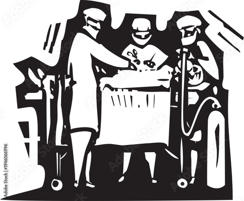Woodcut style image of doctors at an operating table