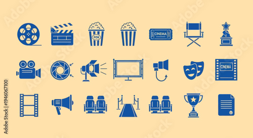 Cinema Icons Set: Film, Popcorn, Award, Ticket, Red Carpet, Camera, Screen