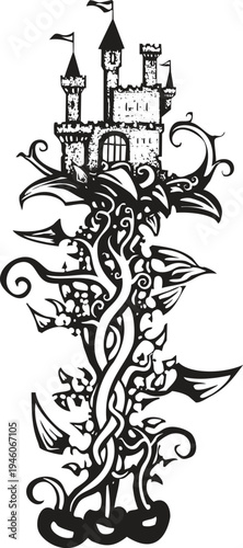 Woodcut style fairy tale castle on a beanstalk 
