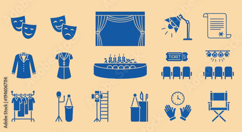 Theater and Performance Icons: Stage, Masks, Costumes, Lights, and More