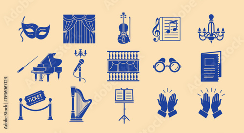 Theater Icons Set: Music, Performance, Opera, Ballet, Concert, Stage, Orchestra