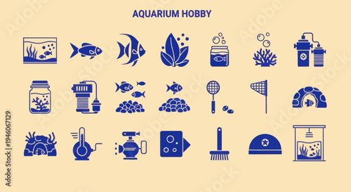 Aquarium Hobby Icons: Fish, Coral, Filters, Plants, and Equipment Set