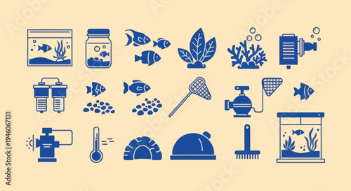 Aquarium Equipment and Fish Icons Set