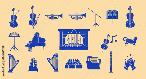 Orchestra and Music Instruments Icons Set on Beige Background