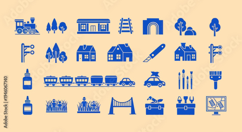 Model Train Railway Diorama Building Set Icons Collection