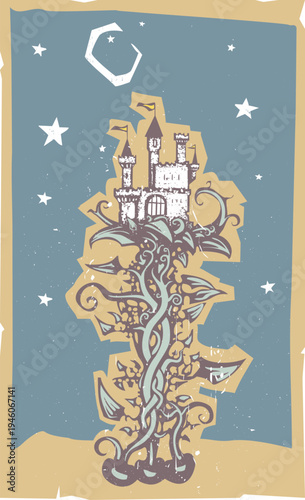 Woodcut style fairy tale castle on a beanstalk 