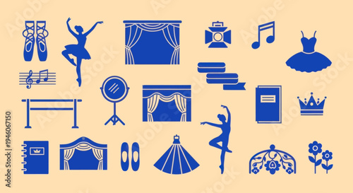 Ballet Icon Set: Dancers, Pointe Shoes, Stage, Tutu, Crown, Music Notes