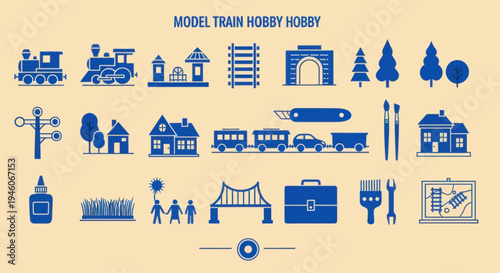Model Train Hobby Icons Set: Locomotives, Tracks, Scenery, Tools, and People
