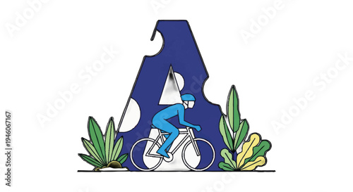 Cyclist riding bicycle carrying groceries in abstract cheese shape.