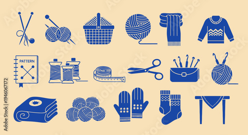 Knitting and Crochet Craft Icons Set: Yarn, Needles, Scissors, Mittens, Sweater, Scarf