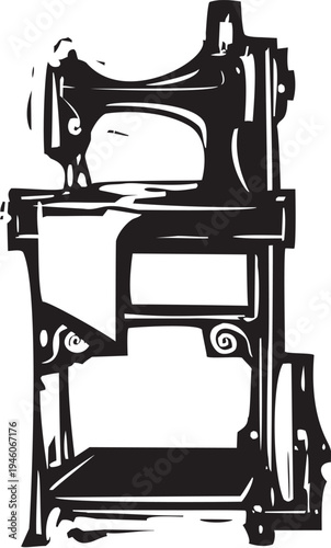 Woodcut style vintage sewing machine