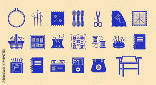 Embroidery and Sewing Icons Set: Craft supplies, tools, and patterns in blue