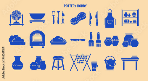 Pottery Hobby Icons: Tools, Clay, Oven, Vases, and Supplies