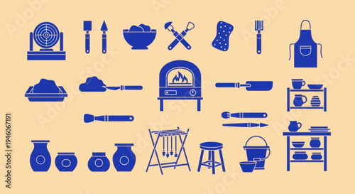 Pottery Making Tools and Equipment Icons Set