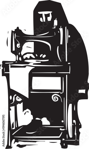 Woodcut woman in a burka working with a vintage sewing machine
